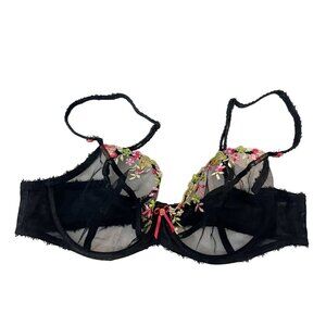 Freya Plunge Balcony Bra Black Mesh Pink Green Floral Lingerie - Size Medium